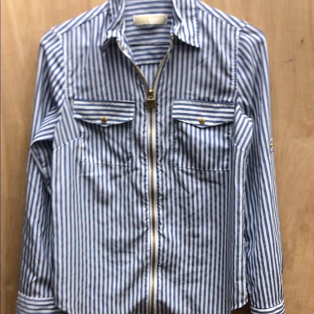Michael Kors Blue and White Striped Zip-Up Blouse with Roll Tab Sleeves